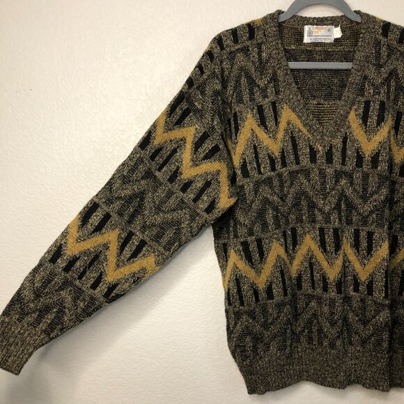 London Fog Vintage Chevron Grandpa Sweater Wool Blend Men's 1X Big V-neck Knit - Picture 4 of 9